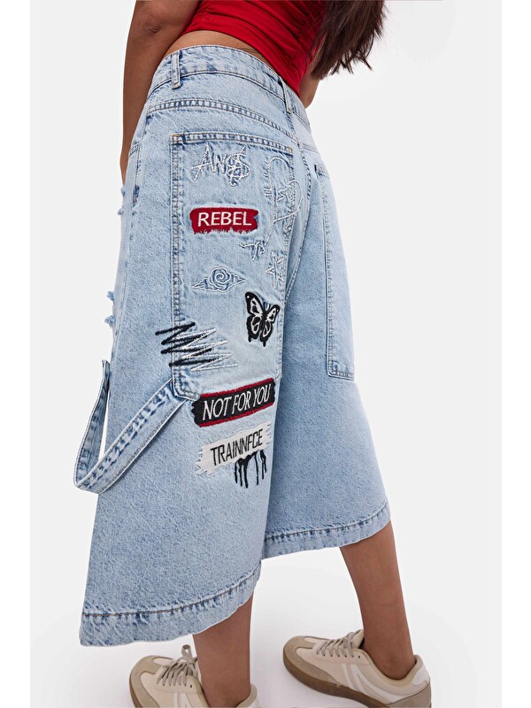 It's Basic Kadın Jean Rengi 12s6-3 Tasarım Baggy Bermuda Denim Şort