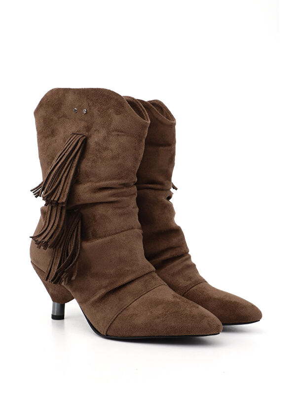 Kadın AÇIK KAHVERENGİ Püsküllü Sivri Burun İnce Topuklu Bot - Görsel 6