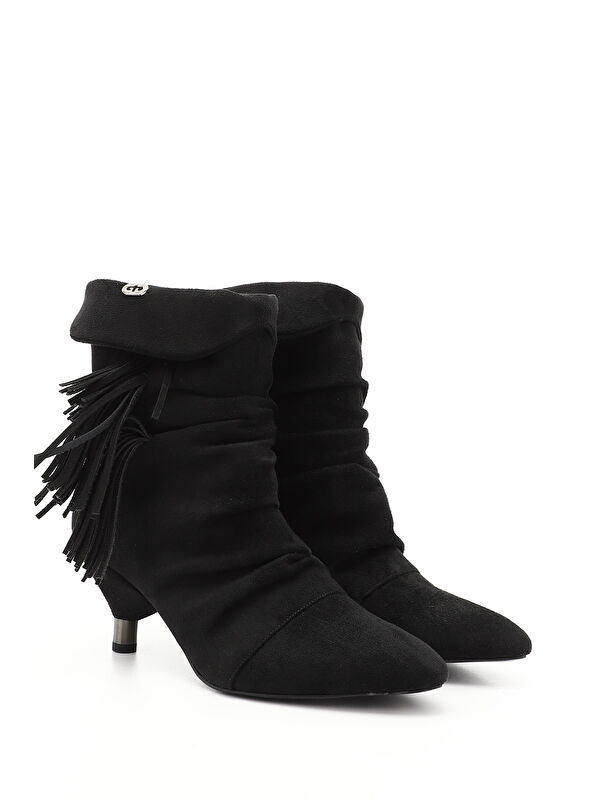 Kadın KOYU SİYAH Püsküllü Sivri Burun İnce Topuklu Bot - Görsel 3