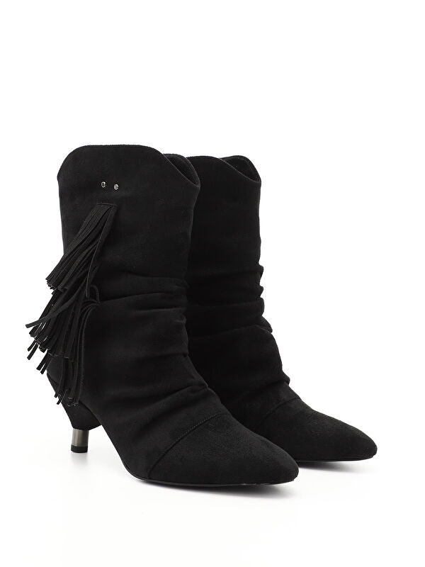 Kadın KOYU SİYAH Püsküllü Sivri Burun İnce Topuklu Bot - Görsel 6