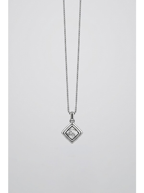 Abluka Online Unisex Minimal Mermer Desenli Taşlı Geometrik Çelik Kolye Gümüş