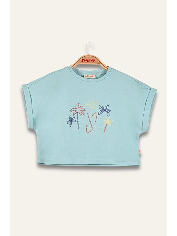 ZEYLAND Kız Çocuk Nakış Detaylı Crop T-Shirt - Mint