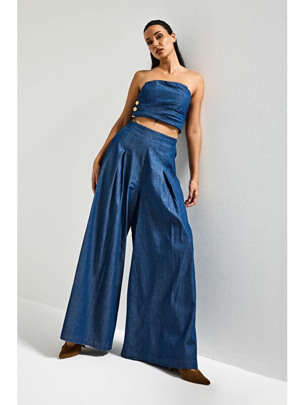 It's Basic Kadın İndigo 7s6-50 Süper Palazzo Elastan Kumaş Denim Pantolon
