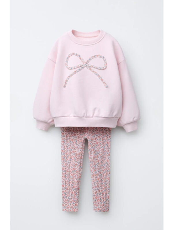 My Kids Wear Kız Çocuk Fiyonk Detaylı Çiçek Desenli Tayt 3 İplik Takım Şardonsuz 2-6 Yaş 12321