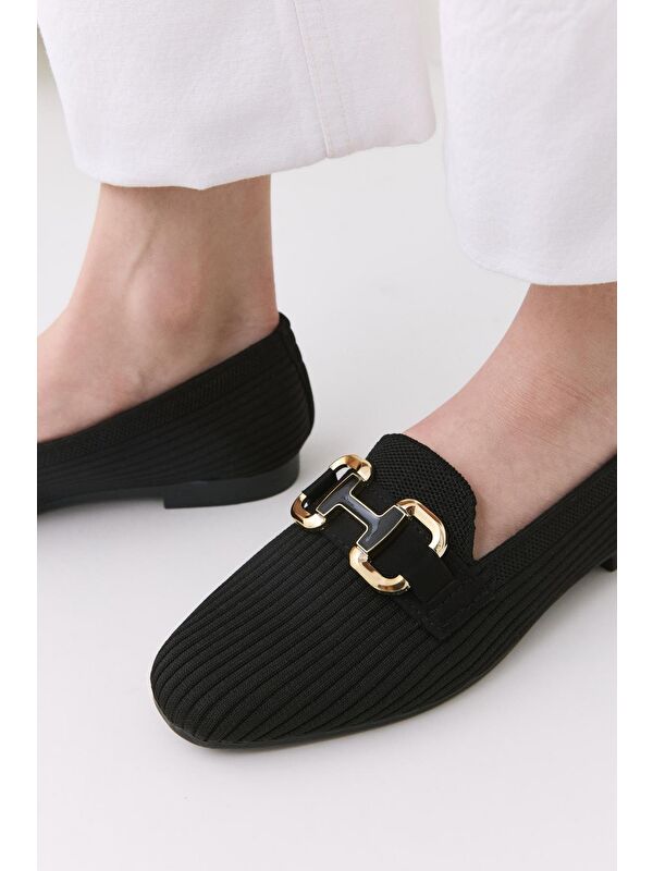 Kadın Siyah Örgü Detaylı Tokalı Günlük Loafer - Görsel 3