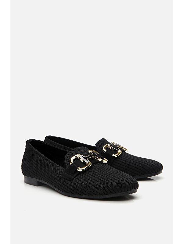 Kadın Siyah Örgü Detaylı Tokalı Günlük Loafer - Görsel 6