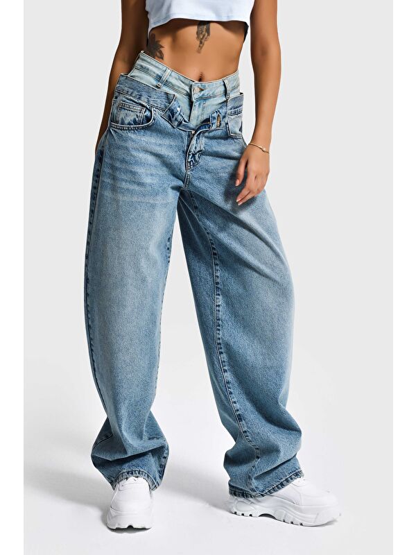It's Basic Kadın Jean Rengi 4s6-32 Barrel Fit Bol Kesim Çift Kemer Detaylı Tasarım Denim Jean