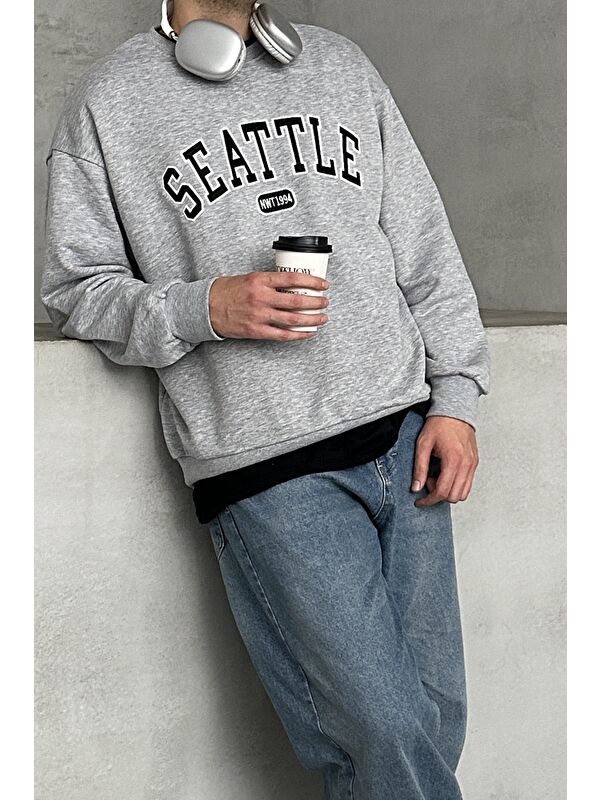 HYMAN Erkek Seattle Baskılı Oversize Sweatshirt