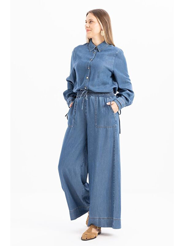 ALLDAY Açık Mavi-Beli Lastikli Bol Paça Denim Lyocell Pantolon