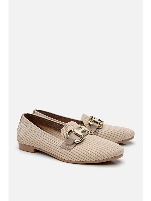 Kadın Bej Örgü Detaylı Tokalı Günlük Loafer - Görsel 3