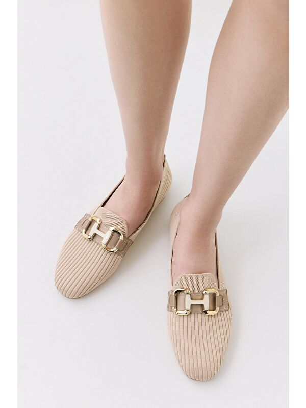 Kadın Bej Örgü Detaylı Tokalı Günlük Loafer - Görsel 5