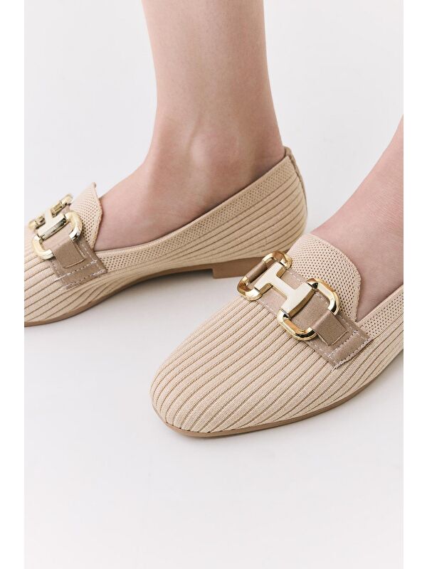 Kadın Bej Örgü Detaylı Tokalı Günlük Loafer - Görsel 6