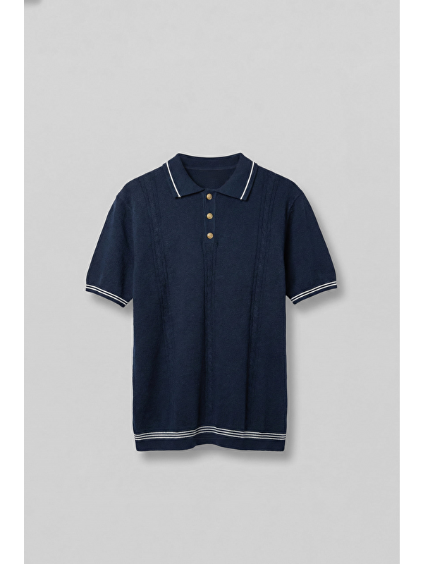 Abluka Online Erkek Regular Fit Saç Örgü Detaylı Triko Polo Yaka T Shirt Lacivert