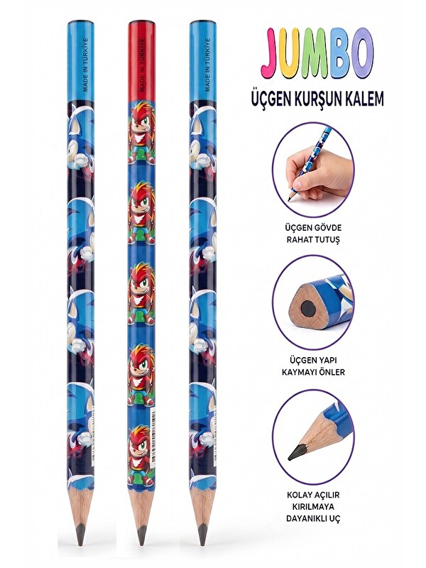 Fatih Sonic Jumbo Kurşun Kalem 3 Adet Üçgen Başlangıç Kalemi Siyah Ilk Kalemim Jumbo Kalın Kalem Kol