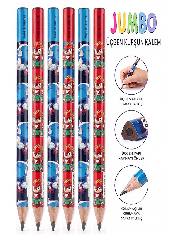 Fatih Sonic Jumbo Kurşun Kalem 6 Adet Üçgen Başlangıç Kalemi Siyah Ilk Kalemim Jumbo Kalın Kalem Kol
