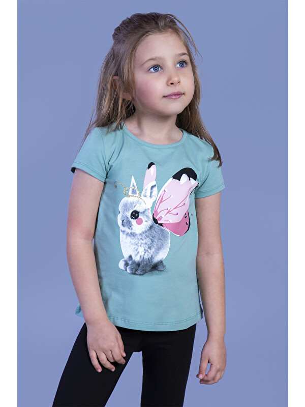 Toontoykids Kız Çocuk Tavşan Baskılı Pul İşlemeli Tişört