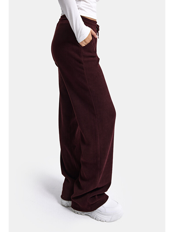 It's Basic Kadın Bordo w6-35 Flare Fit İnce Fitilli Esnek Velvet Kadife Kumaş Pantolon