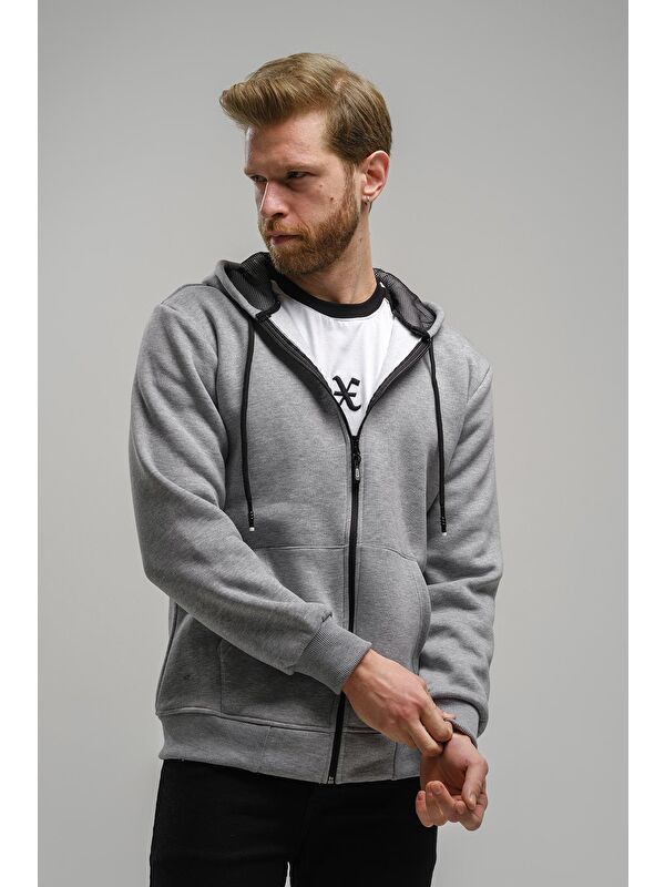 Oksit Regnault Üç İplik Pamuklu Kapüşonu File Detaylı  Erkek Fermuarlı Sweatshirt Hırka