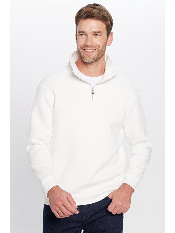 TUDORS Unisex Relax Fit Rahat Kesim Pamuklu İçi Polarlı Yarım Fermuarlı Beyaz Dik Yaka Sweatshirt