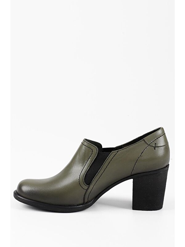 HAKİ Hakiki Deri Yuvarlak Burun Kalın Orta Topuklu Kauçuk Taban Lastikli Kadın Ayakkabı 24038 - Görsel 7