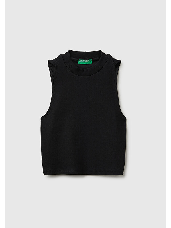 United Colors Of Benetton Kadın Siyah Pamuk Karışımlı Fitilli Bisiklet Yaka T-Shirt