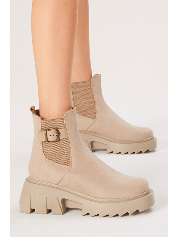 Kadın Krem Süet Rahat Kalıp Kalın Taban Tokalı Lastikli Bot - Görsel 2