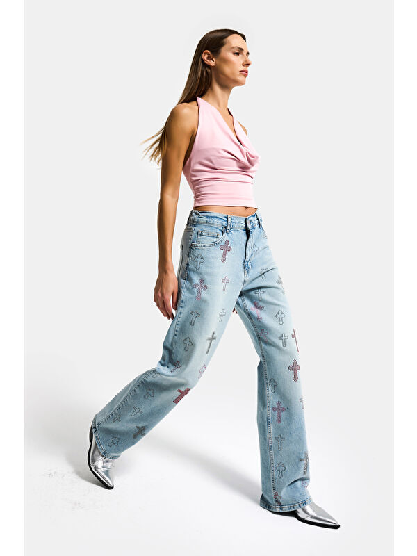 It's Basic Kadın Jean Rengi T-4s6-32 Özel Parlak Taşlı Elastan Kumaş Tasarım Denim Jean