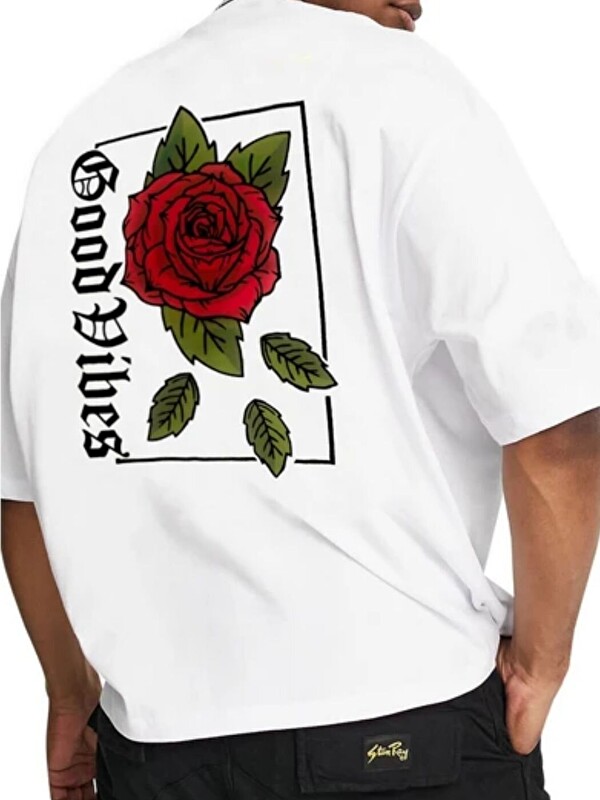 Trendseninle Erkek Beyaz Rose Good Vibes Baskı %100 Organik Pamuk Örme Oversize Tişört