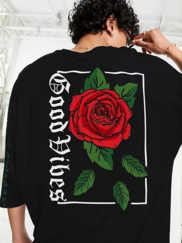 Trendseninle Erkek Siyah Rose Good Vibes Baskı %100 Organik Pamuk Örme Oversize Tişört