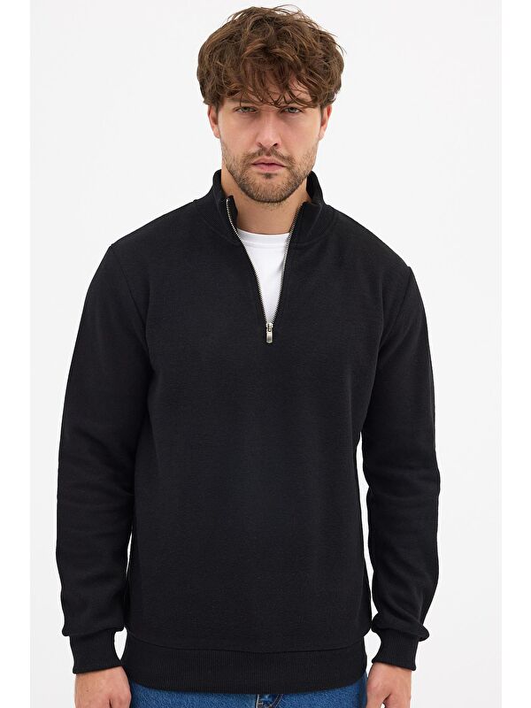 Mmetalic Erkek Siyah Standart Fit Normal Kesim Pamuklu Yarım Fermuarlı Dik Yaka Pamuklu Sweatshirt