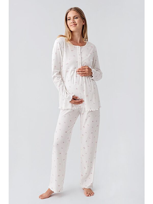Artış Uzun Kollu Desenli Düğmeli Esnek Pamuklu Hamile Pijama Takım 18218