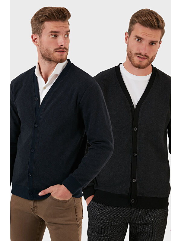 Buratti Pamuklu Regular Fit Düğmeli V Yaka 2'li Paket Hırka 456205S2