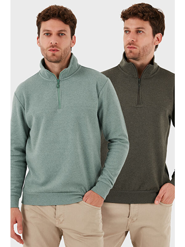 Buratti Pamuklu Regular Fit Yarım Fermuarlı Dik Yaka 2'li Paket Kazak 456112S2