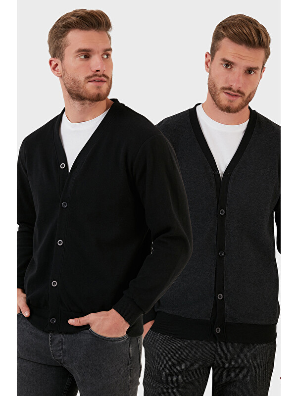 Buratti Pamuklu Regular Fit Düğmeli V Yaka 2'li Paket Hırka 456205S2