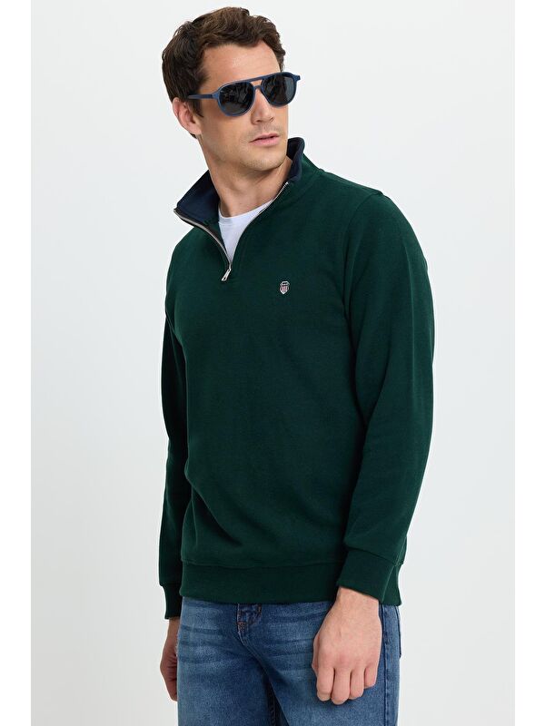 TUDORS Erkek Slim Fit Dar Kesim Pamuklu Selanik Kumaş Dik Yaka Yeşil Sweatshirt