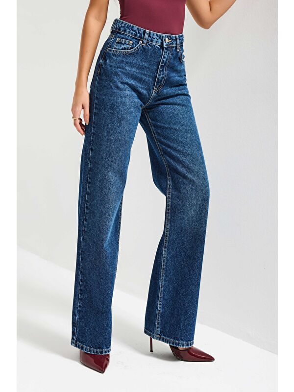 It's Basic Kadın Koyu Mavi Renk Doris 2s6-5 Straight Fit Yüksek Bel %100 Pamuk Denim Jean