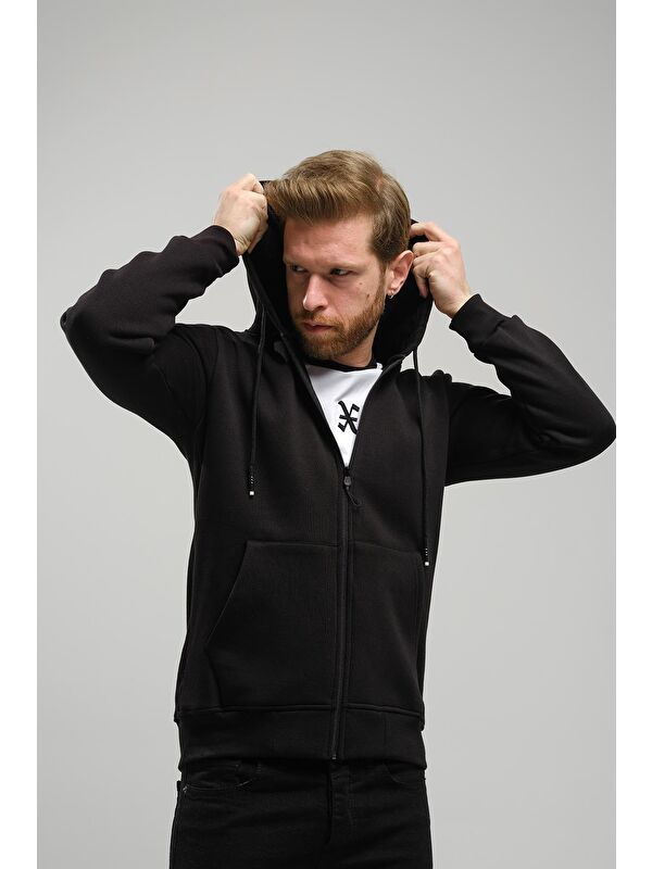 Oksit Regnault Üç İplik Pamuklu Kapüşonu File Detaylı  Erkek Fermuarlı Sweatshirt Hırka