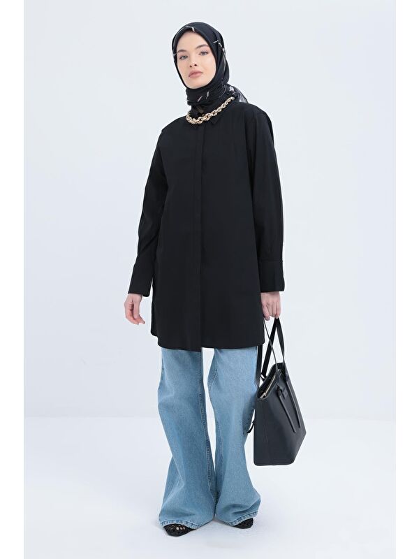 ALLDAY Siyah-Manşeti Yırtmaç Detaylı Poplin Gömlek