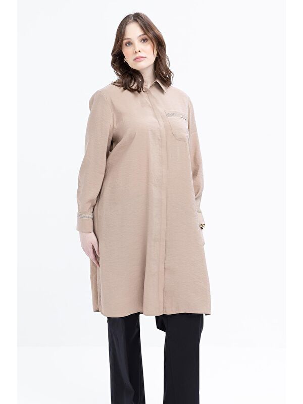ALLDAY Vizon-Şerit Dantel Detaylı Büyük Beden Modal Gömlek