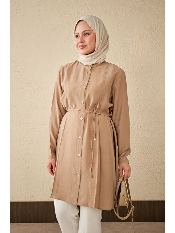 Locco Moda Kadın Pile Detay Bel Bağlamalı Uzun Gömlek Vizon