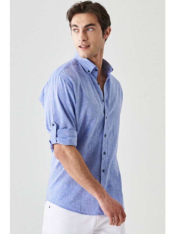 AC&Co / Altınyıldız Classics Erkek Saks Comfort Fit Rahat Kesim Düğmeli Yaka Casual Keten Gömlek