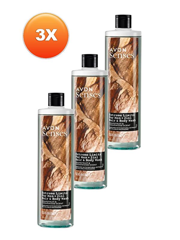 AVON Extreme Limits Greyfurt ve Sandal Kokulu Saç ve Vücut için Erkek Duş Jeli 500 Ml. Üçlü Set