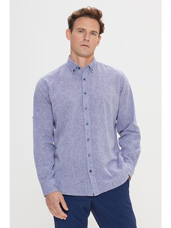 AC&Co / Altınyıldız Classics Erkek Lacivert Comfort Fit Rahat Kesim Düğmeli Yaka Casual Keten Gömlek
