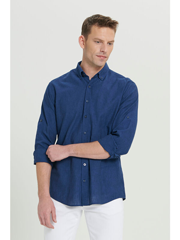 AC&Co / Altınyıldız Classics Erkek İndigo Comfort Fit Rahat Kesim Düğmeli Yaka Casual Keten Gömlek