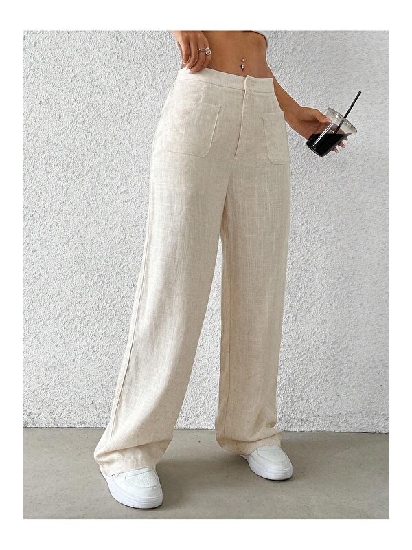 Tarz Cool Kadın Wide Leg Pantolon Ön Cep Detaylı Rahat Kalıp Günlük Pantolon