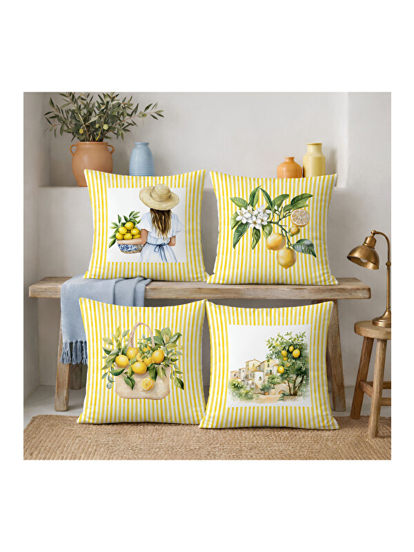 Evmila Sarı Çizgili Limon Çiçeği ve Figürlü 4'lü Süet Kırlent Kılıfı Seti 43x43 cm