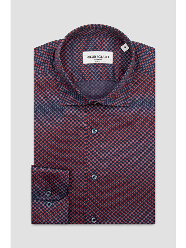 BB Club Oscar Poplin Pamuklu Slim Fit Lacivert Klasik Yaka Erkek Baskılı Gömlek
