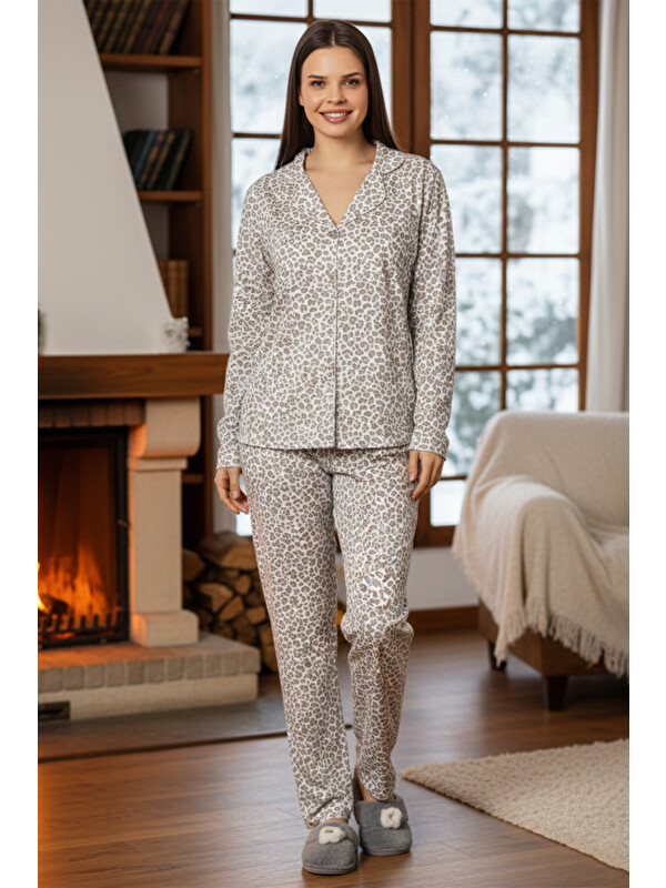 Remsa Kadın Leopar Desen Önü Düğmeli Suprem Pijama Takımı 0547 Beyaz02