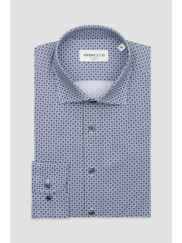 BB Club Oscar Poplin Pamuklu Slim Fit Bordo Klasik Yaka Erkek Desenli Gömlek