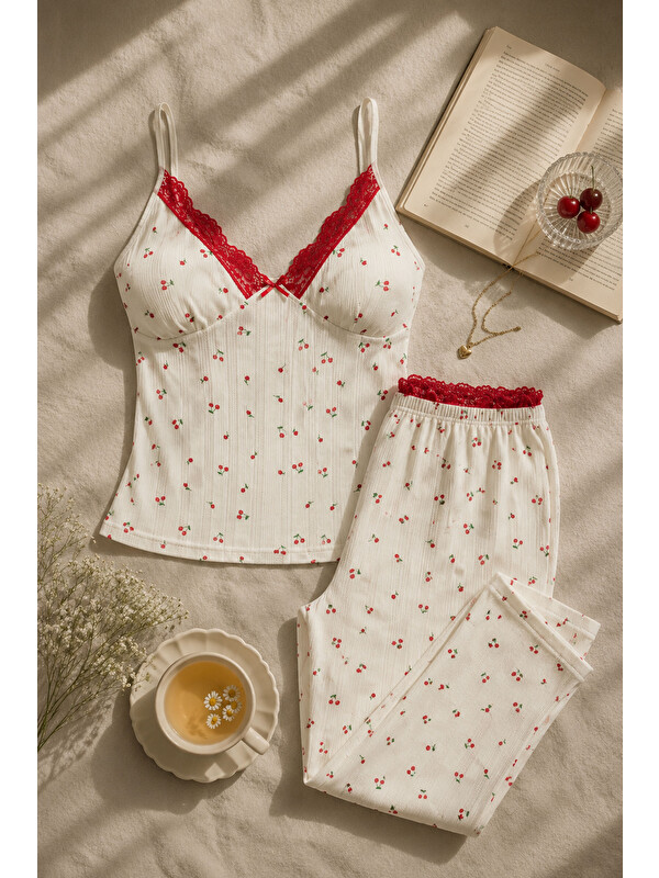 Koza İç Giyim Kadın Pamuklu Kaplı Askılı Dantelli Pijama Takımı